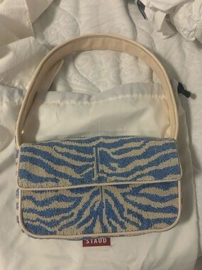 staud blue & white zebra beaded bag
